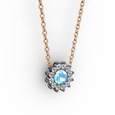 Pırlanta Çiçek Kolye - Akuamarin ve pırlanta 925 ayar siyah rodyum kaplama gümüş kolye (0.1056 karat, 40 cm rose altın rolo zincir) #qnjpqj