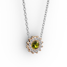 Pırlanta Çiçek Kolye - Peridot ve pırlanta 18 ayar rose altın kolye (0.1056 karat, 40 cm gümüş rolo zincir) #st6h6