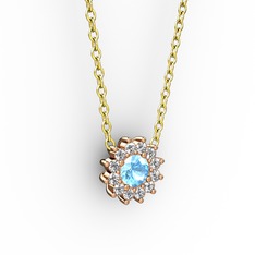 Akuamarin ve pırlanta 925 ayar rose altın kaplama gümüş kolye (0.1056 karat, 40 cm altın rolo zincir)