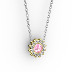 Pırlanta Çiçek Kolye - Pembe kuvars ve pırlanta 14 ayar altın kolye (0.1056 karat, 40 cm beyaz altın rolo zincir) #uhd8hb