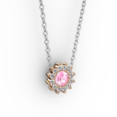 Pembe kuvars ve pırlanta 18 ayar rose altın kolye (0.1056 karat, 40 cm beyaz altın rolo zincir)