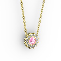 Pırlanta Çiçek Kolye - Pembe kuvars ve pırlanta 14 ayar altın kolye (0.1056 karat, 40 cm gümüş rolo zincir) #wujecs