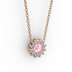 Pırlanta Çiçek Kolye - Pembe kuvars ve pırlanta 18 ayar rose altın kolye (0.1056 karat, 40 cm rose altın rolo zincir) #x8t9fs