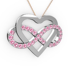 Kalpli Sonsuzluk Kolye - Pembe kuvars 14 ayar beyaz altın kolye (40 cm gümüş rolo zincir) #1d444k0