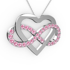 Kalpli Sonsuzluk Kolye - Pembe kuvars 14 ayar beyaz altın kolye (40 cm gümüş rolo zincir) #7yxrra