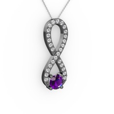Tektaş Sonsuzluk Kolye - Ametist ve swarovski 925 ayar siyah rodyum kaplama gümüş kolye (40 cm beyaz altın rolo zincir) #12bnb3c