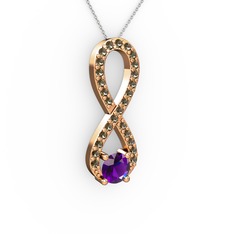 Ametist ve dumanlı kuvars 18 ayar rose altın kolye (40 cm gümüş rolo zincir)