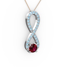 Rodolit garnet ve akuamarin 14 ayar beyaz altın kolye (40 cm rose altın rolo zincir)