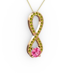 Tektaş Sonsuzluk Kolye - Pembe kuvars ve peridot 8 ayar rose altın kolye (40 cm altın rolo zincir) #1hgdil5