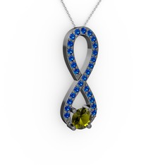 Peridot ve lab safir 925 ayar siyah rodyum kaplama gümüş kolye (40 cm beyaz altın rolo zincir)