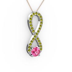 Pembe kuvars ve peridot 925 ayar gümüş kolye (40 cm rose altın rolo zincir)