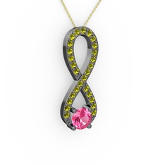 Tektaş Sonsuzluk Kolye - Pembe kuvars ve peridot 925 ayar siyah rodyum kaplama gümüş kolye (40 cm altın rolo zincir) #25kgmf