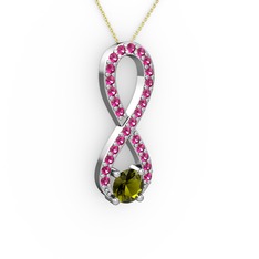 Peridot ve rodolit garnet 14 ayar beyaz altın kolye (40 cm altın rolo zincir)