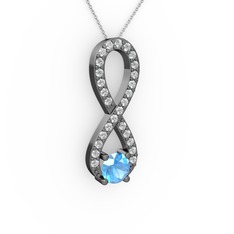 Akuamarin ve swarovski 925 ayar siyah rodyum kaplama gümüş kolye (40 cm beyaz altın rolo zincir)