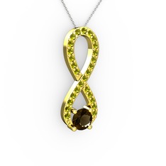 Dumanlı kuvars ve peridot 14 ayar altın kolye (40 cm gümüş rolo zincir)