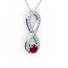 Garnet ve akuamarin 8 ayar beyaz altın kolye (40 cm rose altın rolo zincir)