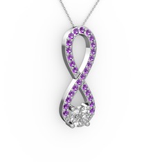 Swarovski ve ametist 8 ayar beyaz altın kolye (40 cm gümüş rolo zincir)