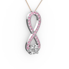 Swarovski ve pembe kuvars 18 ayar beyaz altın kolye (40 cm gümüş rolo zincir)