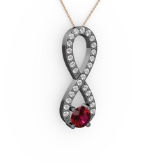 Rodolit garnet ve beyaz zirkon 925 ayar siyah rodyum kaplama gümüş kolye (40 cm rose altın rolo zincir)