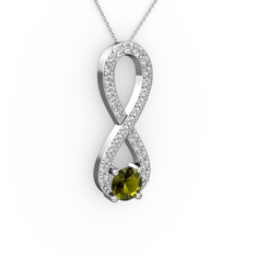 Peridot ve beyaz zirkon 14 ayar beyaz altın kolye (40 cm beyaz altın rolo zincir)