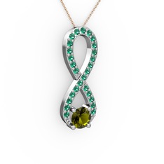 Peridot ve yeşil kuvars 14 ayar beyaz altın kolye (40 cm gümüş rolo zincir)