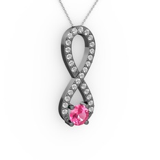 Tektaş Sonsuzluk Kolye - Pembe kuvars ve swarovski 925 ayar siyah rodyum kaplama gümüş kolye (40 cm beyaz altın rolo zincir) #n93xn6