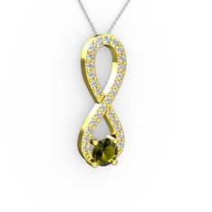 Tektaş Sonsuzluk Kolye - Peridot ve beyaz zirkon 14 ayar altın kolye (40 cm beyaz altın rolo zincir) #v62ear