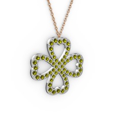 Yonca Kolye - Peridot 14 ayar beyaz altın kolye (40 cm rose altın rolo zincir) #1mfd325