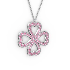 Yonca Kolye - Pembe kuvars 14 ayar beyaz altın kolye (40 cm gümüş rolo zincir) #any00p