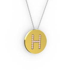 H Baş Harf Kolye - Pembe kuvars 8 ayar altın kolye (40 cm beyaz altın rolo zincir) #115edd7
