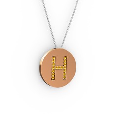 H Baş Harf Kolye - Sitrin 14 ayar rose altın kolye (40 cm beyaz altın rolo zincir) #12l2oxe