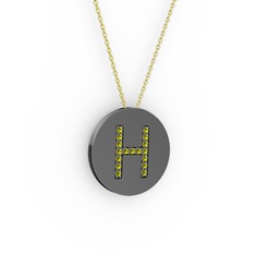 H Baş Harf Kolye - Peridot 925 ayar siyah rodyum kaplama gümüş kolye (40 cm altın rolo zincir) #12mc7ly