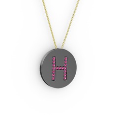 H Baş Harf Kolye - Rodolit garnet 925 ayar siyah rodyum kaplama gümüş kolye (40 cm altın rolo zincir) #13dhw8y