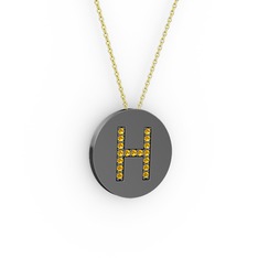 H Baş Harf Kolye - Sitrin 925 ayar siyah rodyum kaplama gümüş kolye (40 cm altın rolo zincir) #13qj0yt