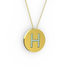 H Baş Harf Kolye - Akuamarin 18 ayar altın kolye (40 cm altın rolo zincir) #148285s