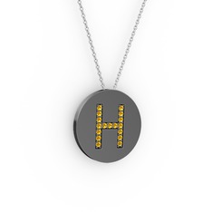 H Baş Harf Kolye - Sitrin 925 ayar siyah rodyum kaplama gümüş kolye (40 cm beyaz altın rolo zincir) #14nuafn