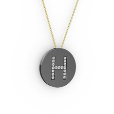 H Baş Harf Kolye - Beyaz zirkon 925 ayar siyah rodyum kaplama gümüş kolye (40 cm altın rolo zincir) #16ltlr4