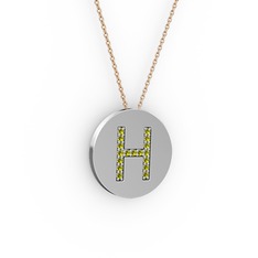 H Baş Harf Kolye - Peridot 8 ayar beyaz altın kolye (40 cm rose altın rolo zincir) #1b3wkkz