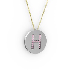 H Baş Harf Kolye - Pembe kuvars 18 ayar beyaz altın kolye (40 cm altın rolo zincir) #1d5a0m7