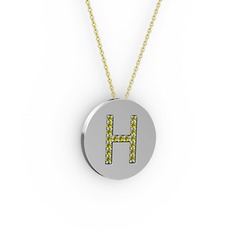 H Baş Harf Kolye - Peridot 18 ayar beyaz altın kolye (40 cm altın rolo zincir) #1dgo3x1