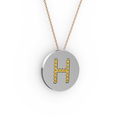 H Baş Harf Kolye - Sitrin 14 ayar beyaz altın kolye (40 cm rose altın rolo zincir) #1n73rfg