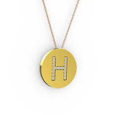 H Baş Harf Kolye - Beyaz zirkon 8 ayar altın kolye (40 cm rose altın rolo zincir) #1rcpq14
