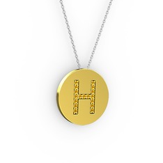 H Baş Harf Kolye - Sitrin 14 ayar altın kolye (40 cm gümüş rolo zincir) #1sw6uw4