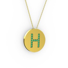 H Baş Harf Kolye - Yeşil kuvars 8 ayar altın kolye (40 cm altın rolo zincir) #27233g