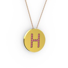 H Baş Harf Kolye - Rodolit garnet 18 ayar altın kolye (40 cm gümüş rolo zincir) #3l3mrt