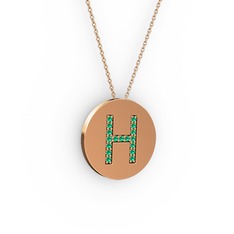 H Baş Harf Kolye - Yeşil kuvars 925 ayar rose altın kaplama gümüş kolye (40 cm rose altın rolo zincir) #4eusok