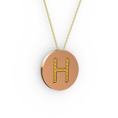 H Baş Harf Kolye - Sitrin 8 ayar rose altın kolye (40 cm gümüş rolo zincir) #763ofx