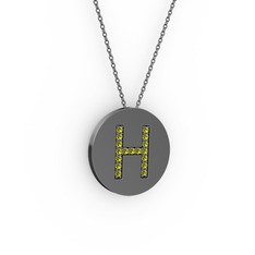 H Baş Harf Kolye - Peridot 925 ayar siyah rodyum kaplama gümüş kolye (40 cm gümüş rolo zincir) #8jrmh2