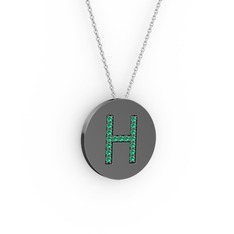 H Baş Harf Kolye - Yeşil kuvars 925 ayar siyah rodyum kaplama gümüş kolye (40 cm beyaz altın rolo zincir) #9k9467