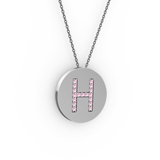 H Baş Harf Kolye - Pembe kuvars 18 ayar beyaz altın kolye (40 cm gümüş rolo zincir) #di8i3l